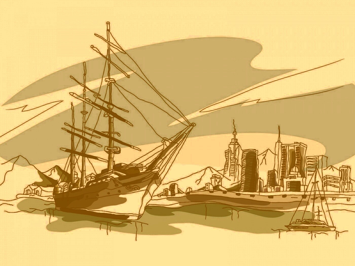 Парусник у города обои