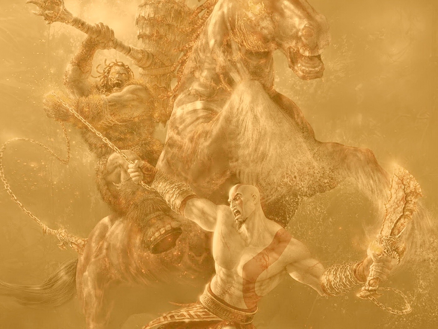 Кратос против огненного всадника обои