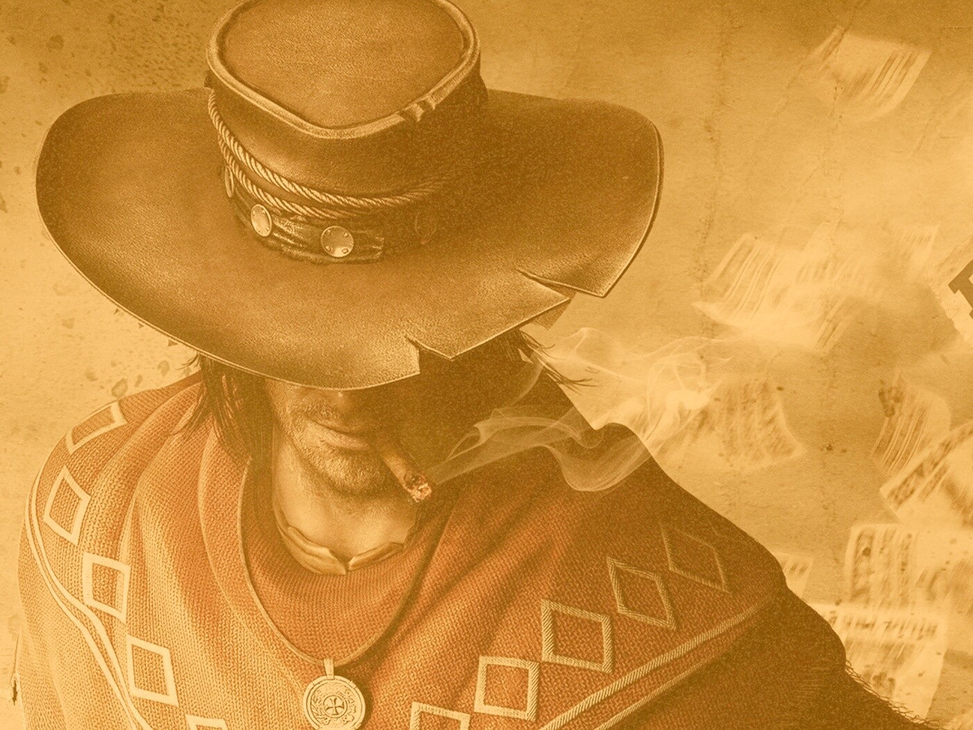 Мужик с сигарой в шляпе и пончо обои