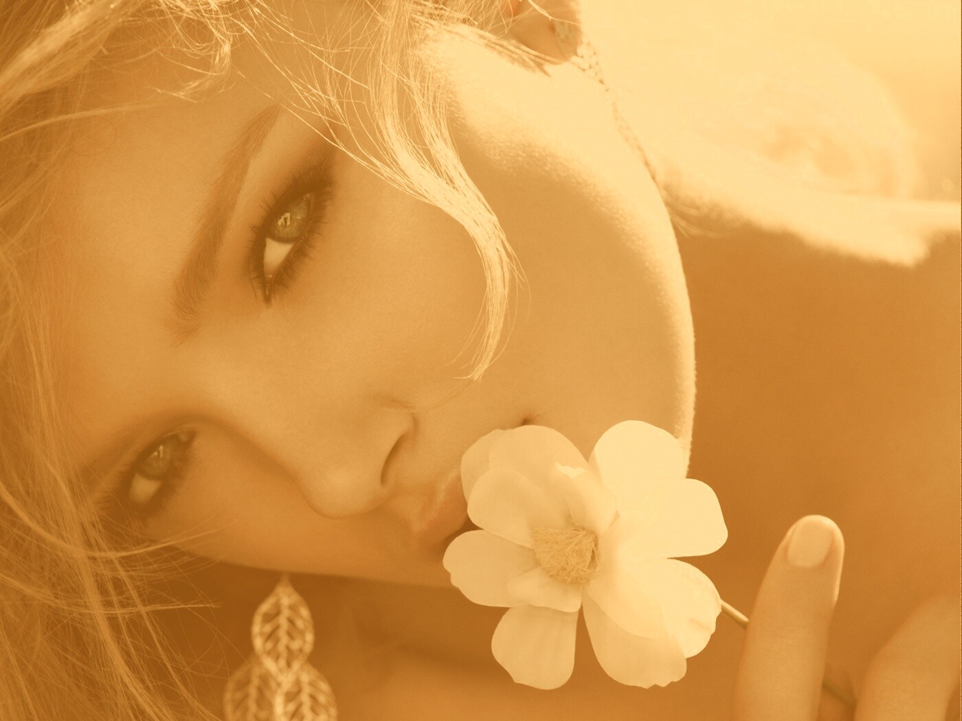Красавица с белым цветком обои