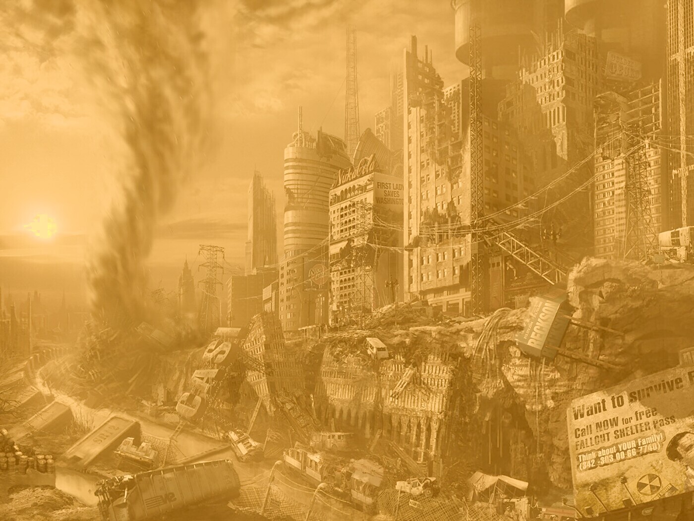 Торнадо в разрушенном городе обои