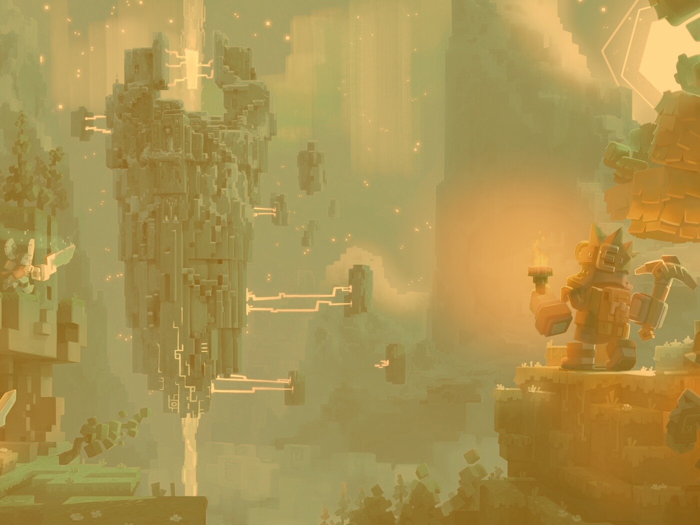 Парень с киркой и факелом смотрит в даль обои