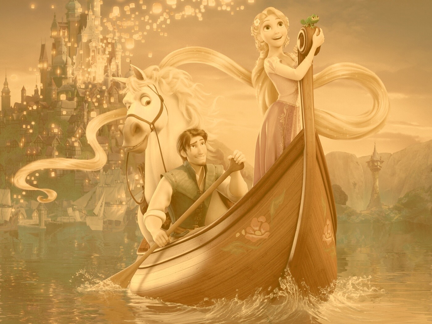 Рапунцель и Флин на лодке обои