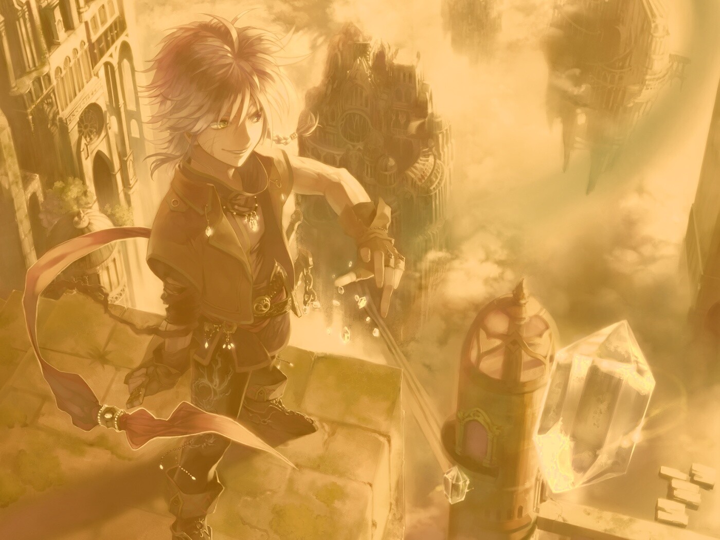 Анимешный парень с горстью кристаллов обои