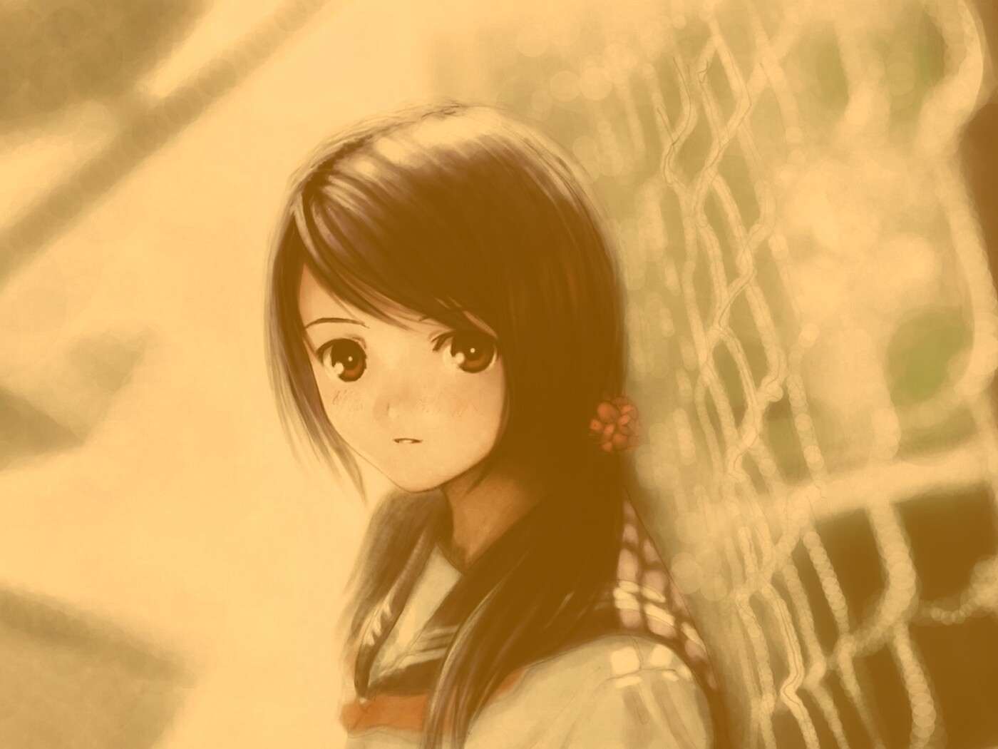 Девочка у сетчатого забора обои