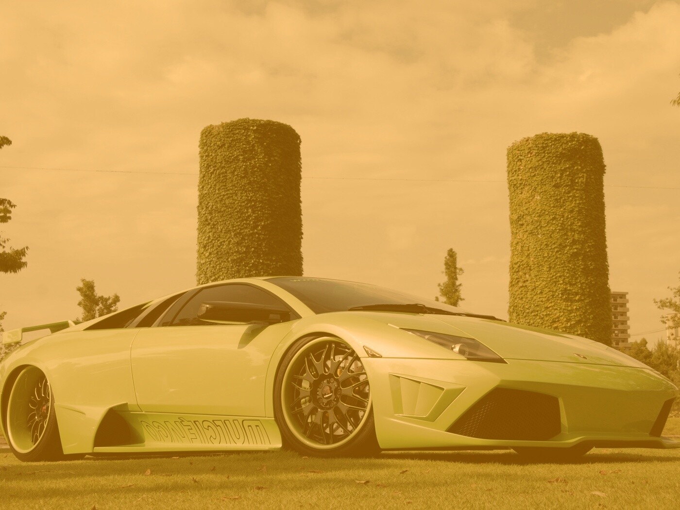 Зелёный Ламборджини на траве обои