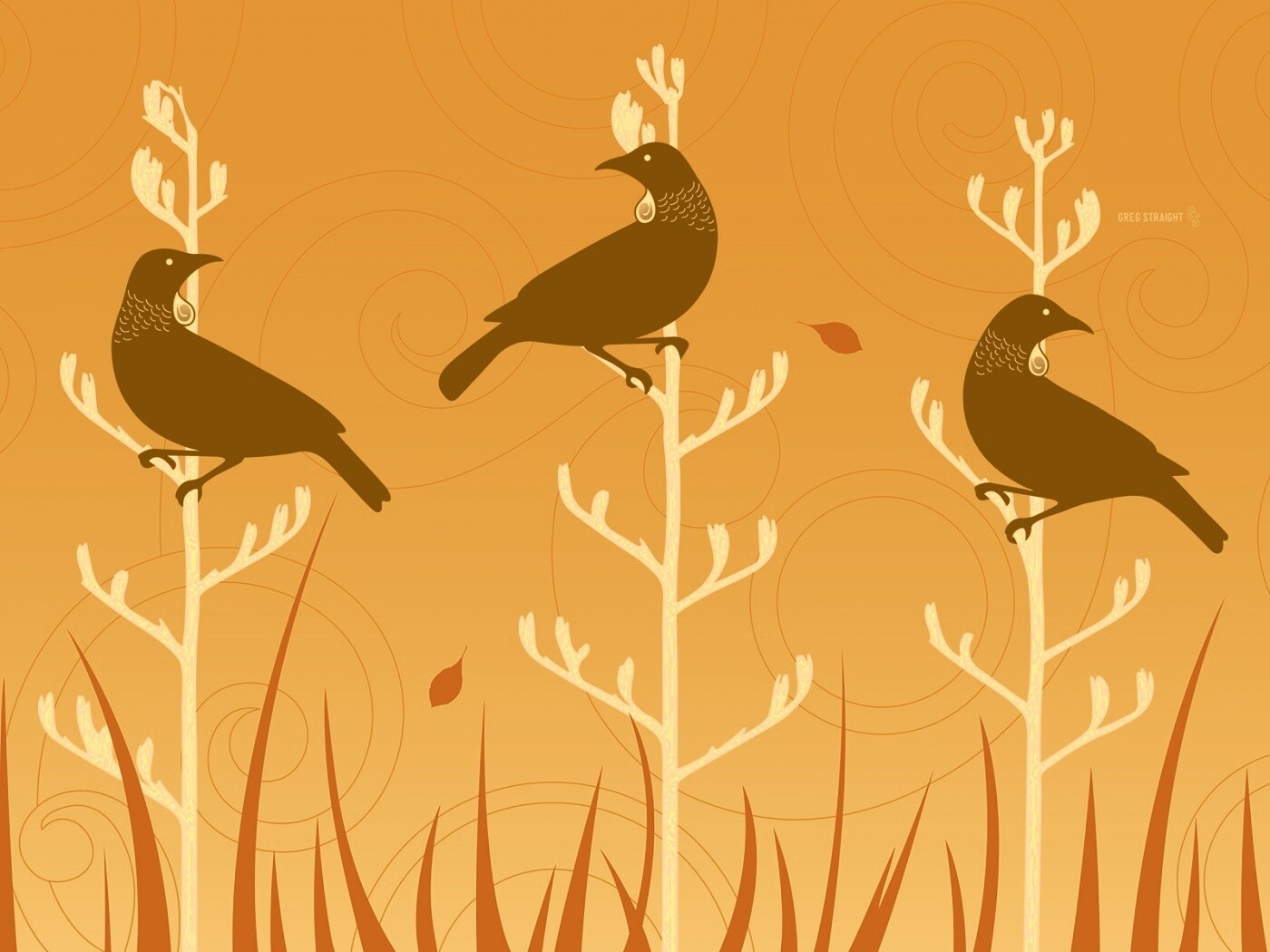 Векторные стилизованные птицы на ветках дерева обои