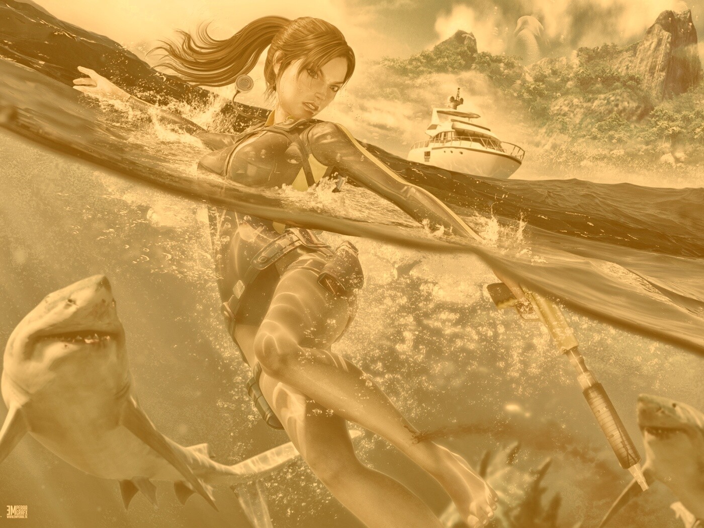 Лара Крофт против акул обои