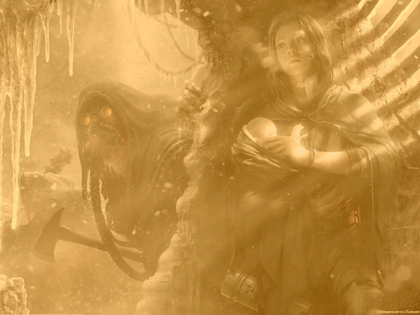 Девушка с ребенком прячется от монстра обои