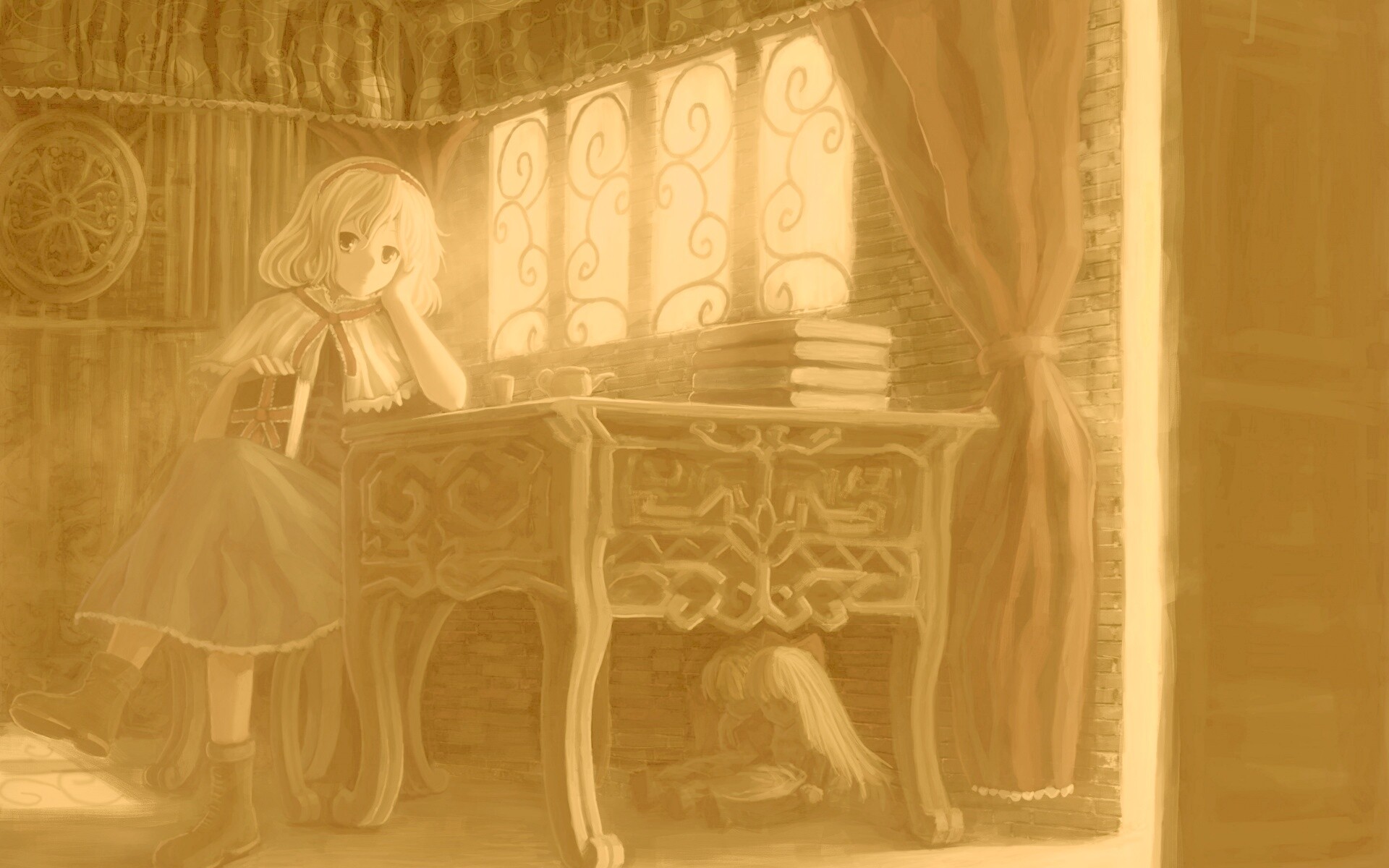 Девочка за столом с книгами обои