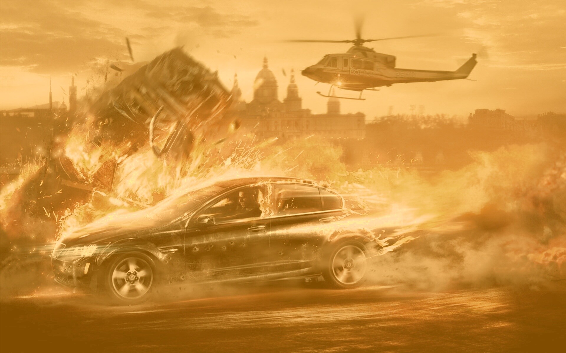 Погоня за горящей машиной обои