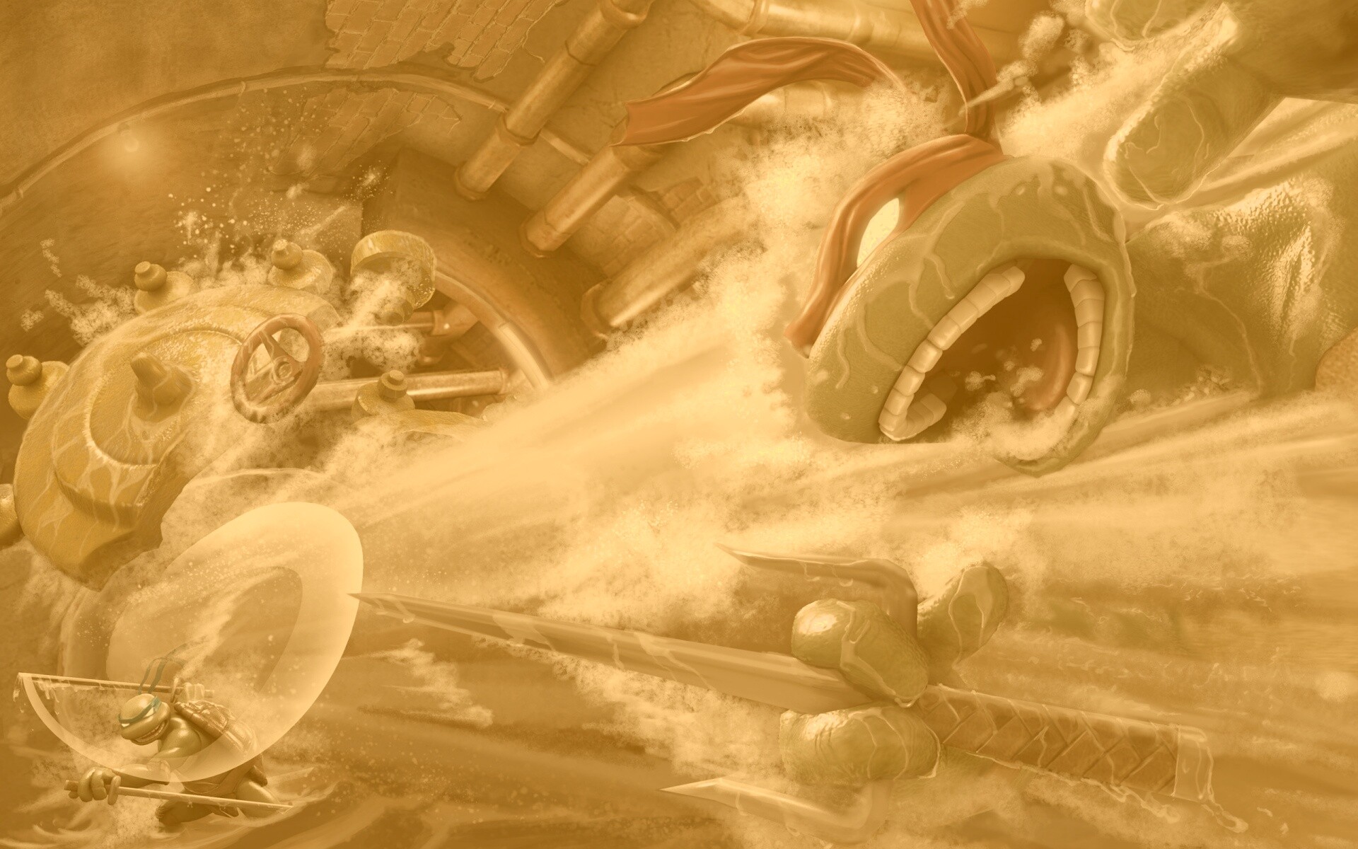 Рафаэля и Леонардо смывает водой обои