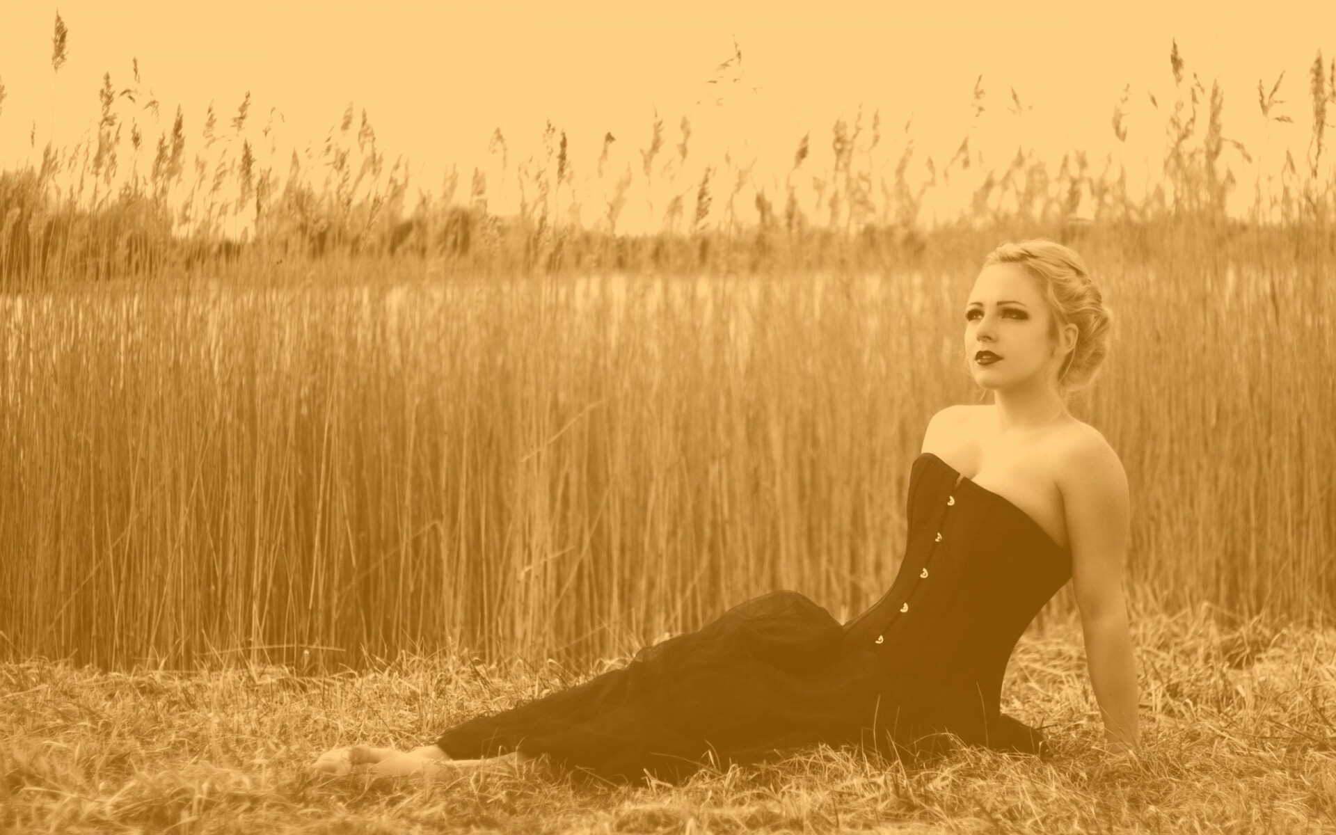 Девушка на траве в черном корсете обои