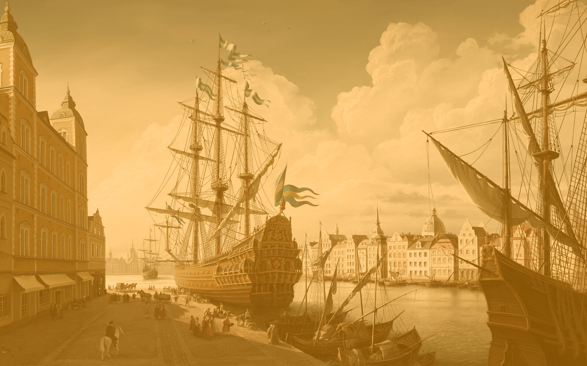 Парусник на набережной обои