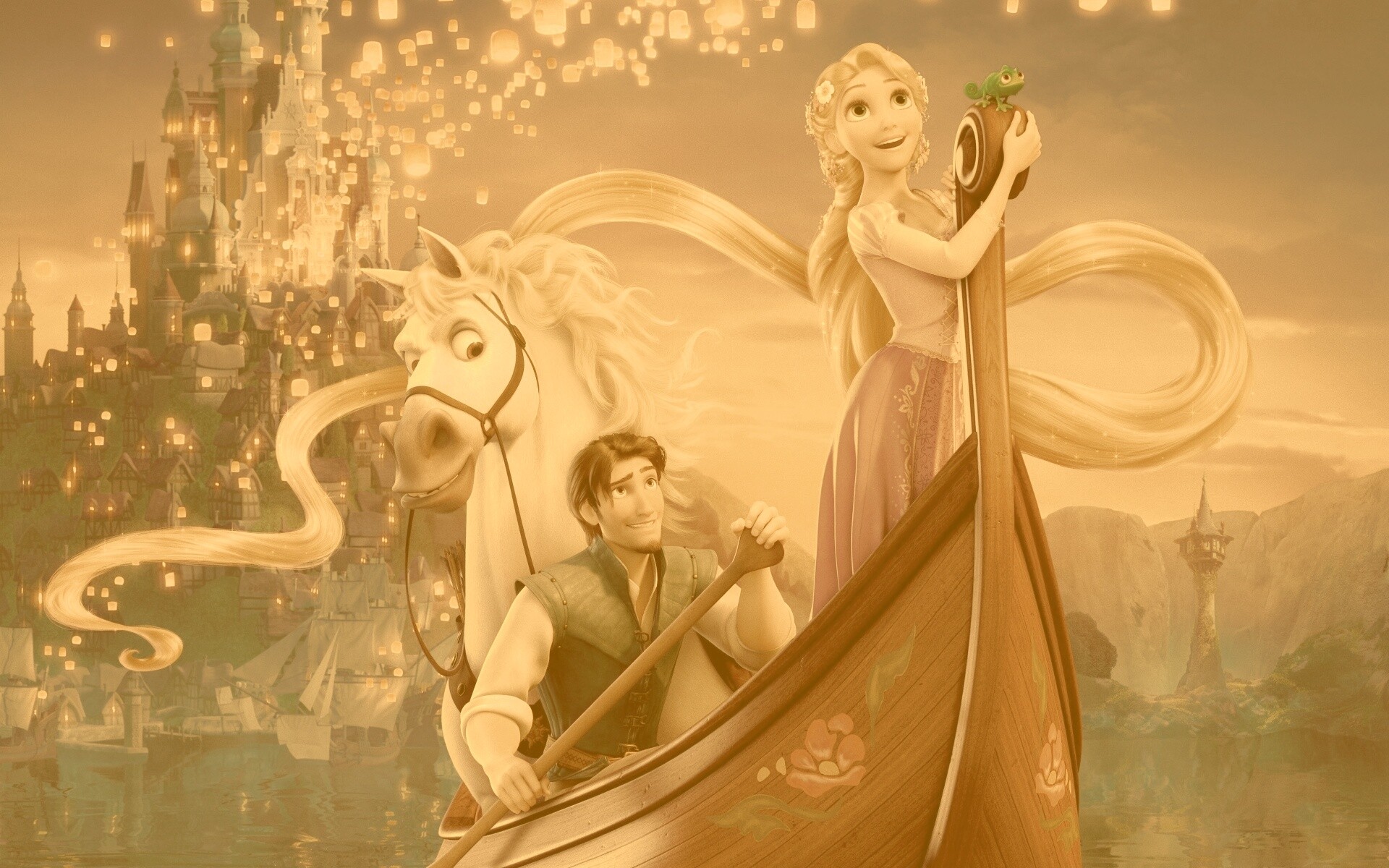 Рапунцель и Флин на лодке обои