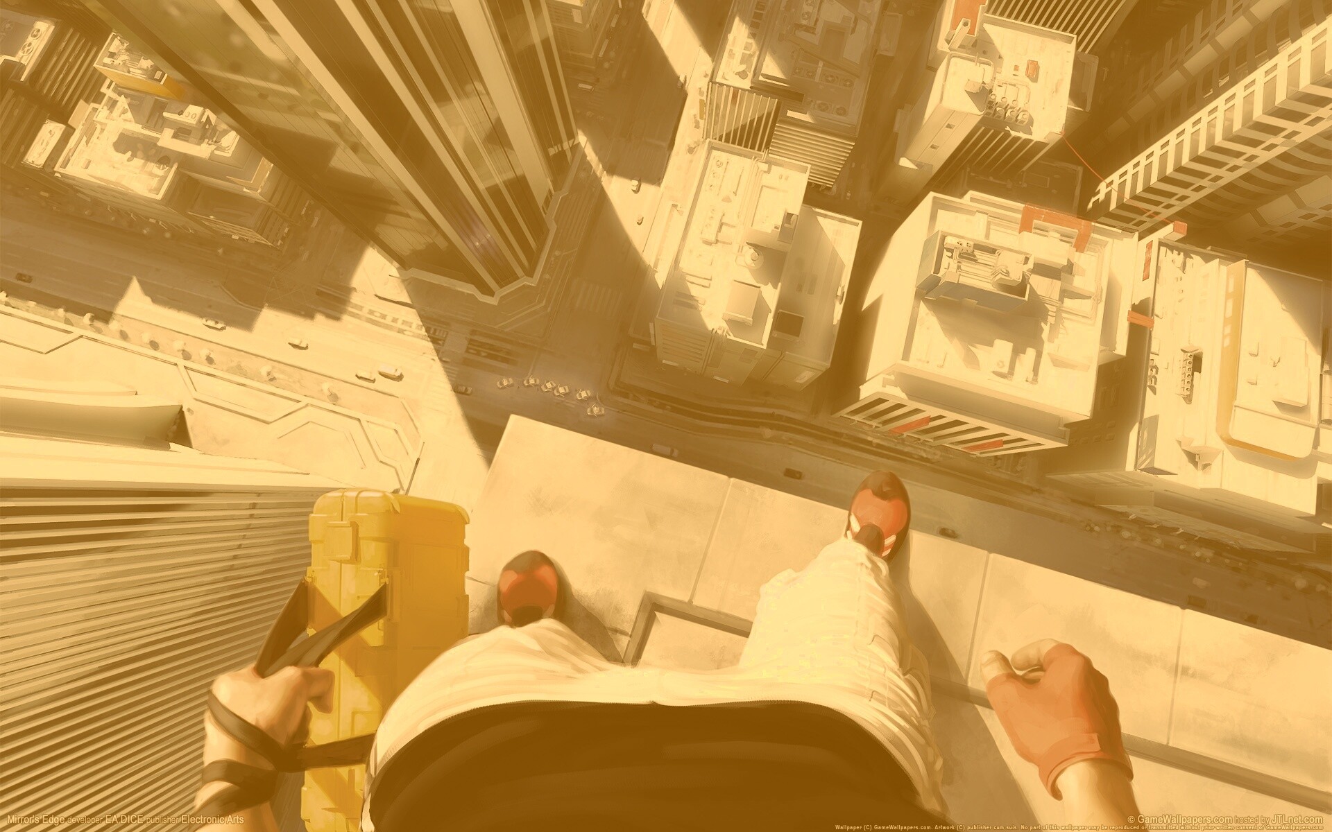 Фейт на краю небоскреба обои