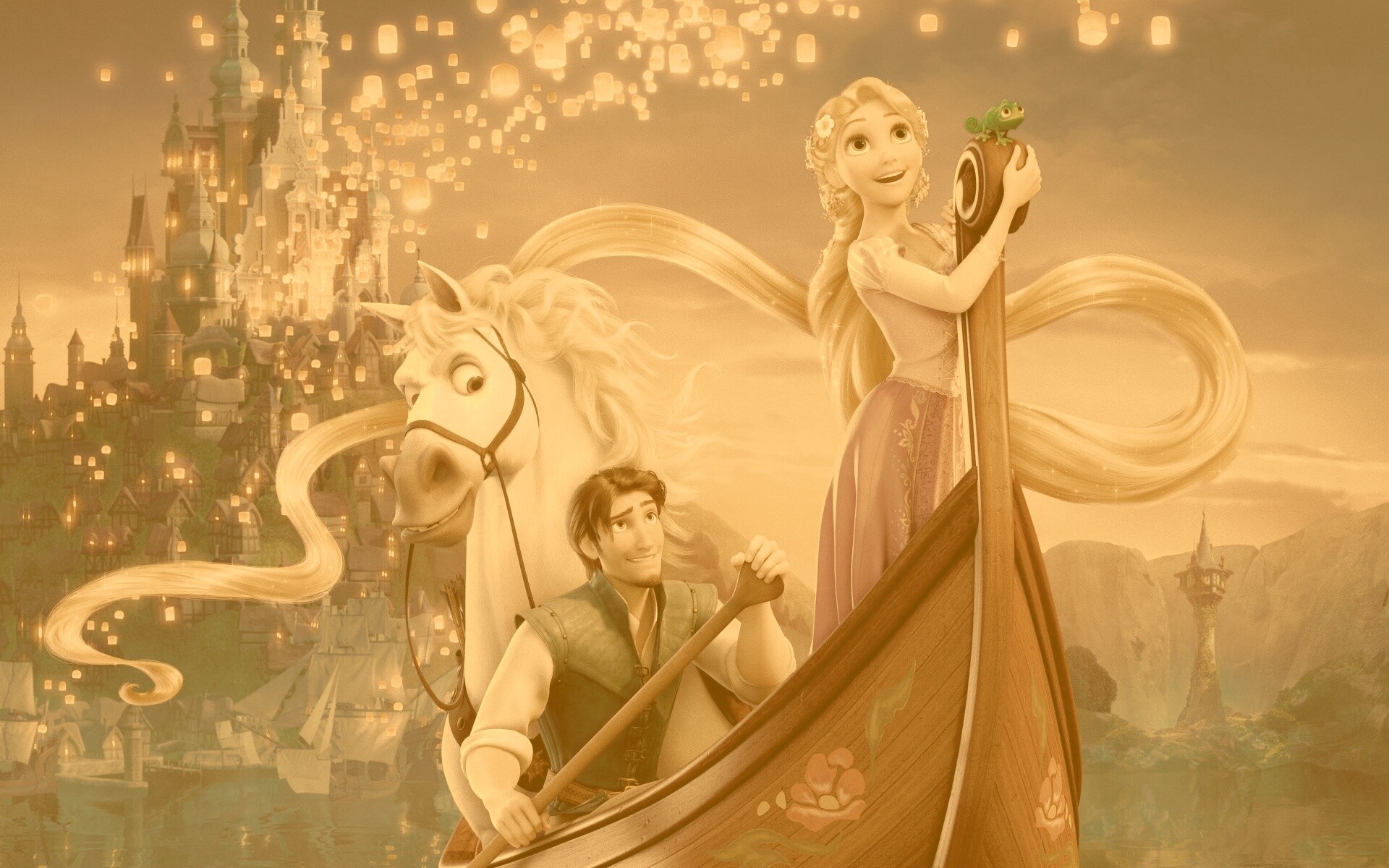 Рапунцель принц и конь в лодке обои
