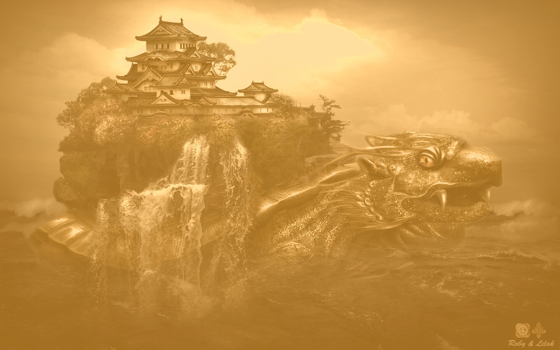 Золотая черепаха и китайская пагода в океане обои