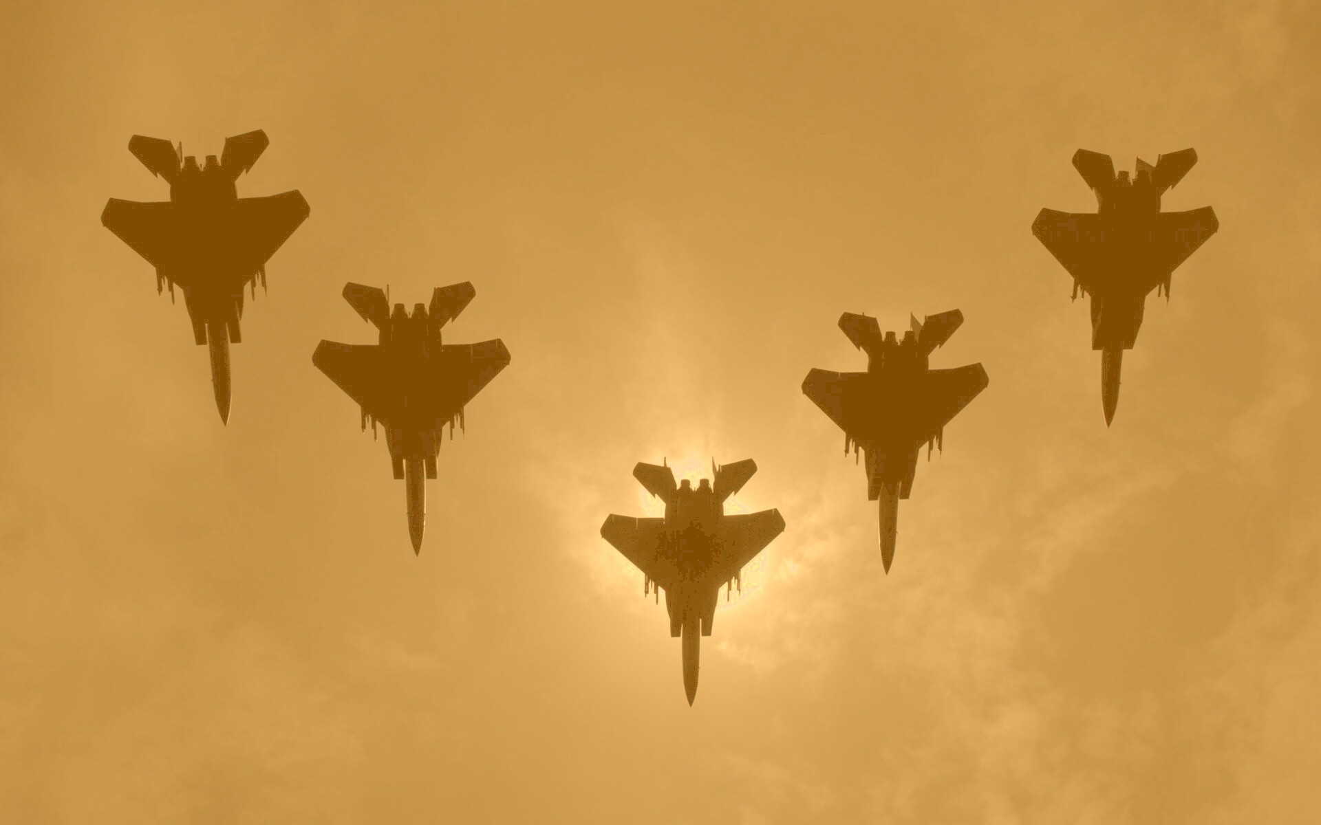 Ряд истрибителей на фоне солнца обои