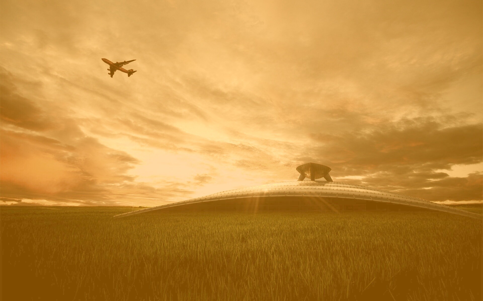 Самолет в закатном небе обои