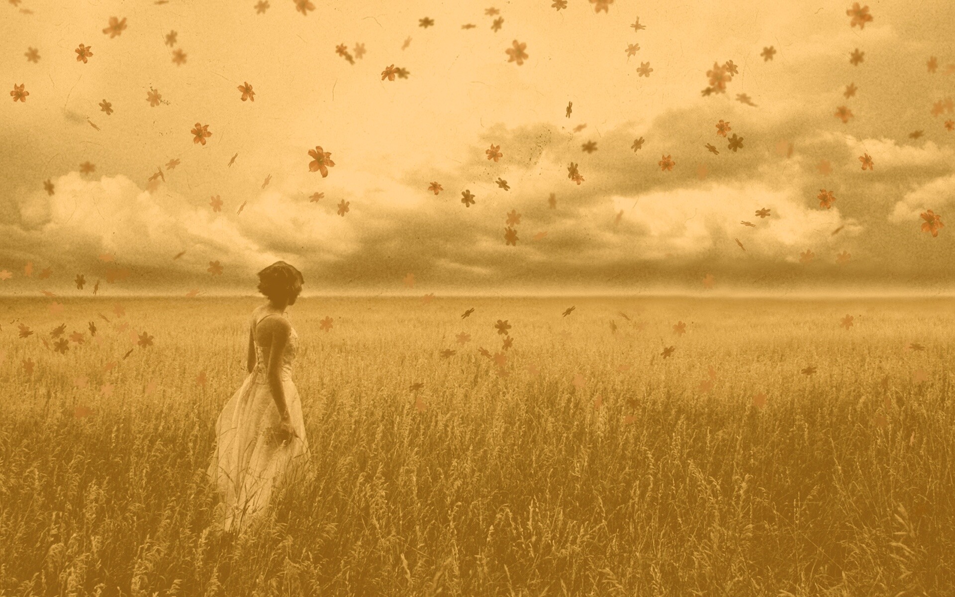 Грустная девушка в поле травы обои