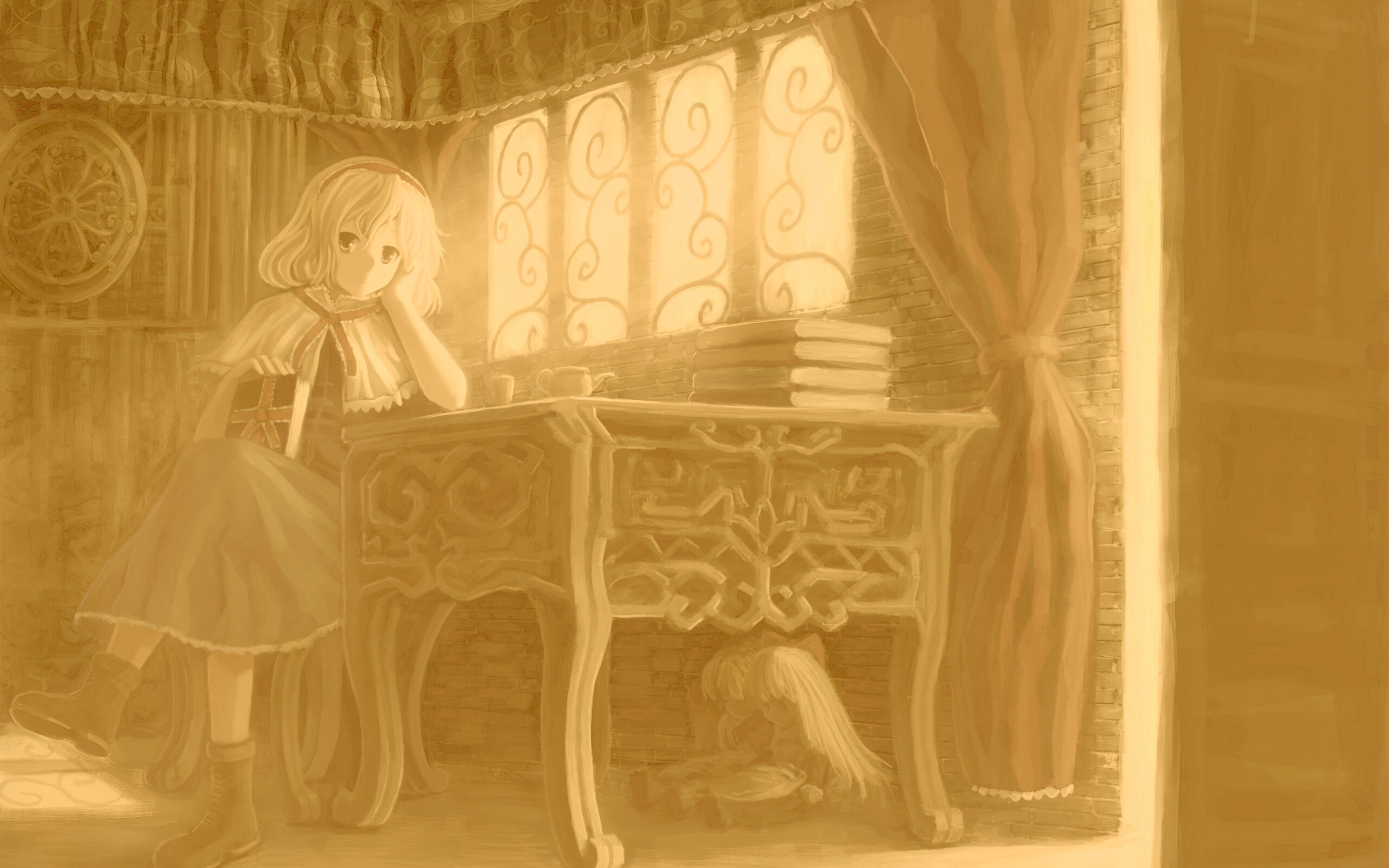 Девочка за столом с книгами обои