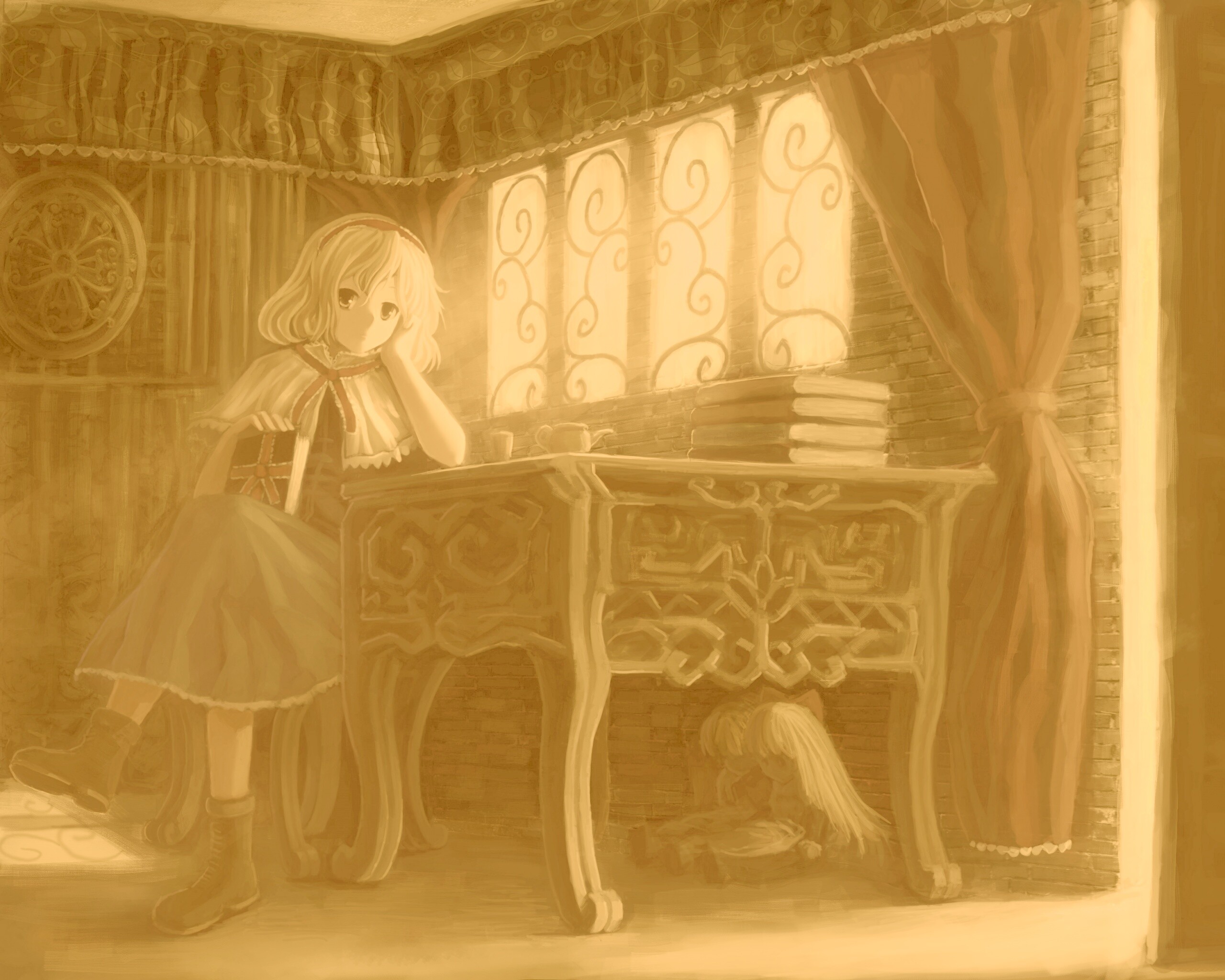 Девочка за столом с книгами обои