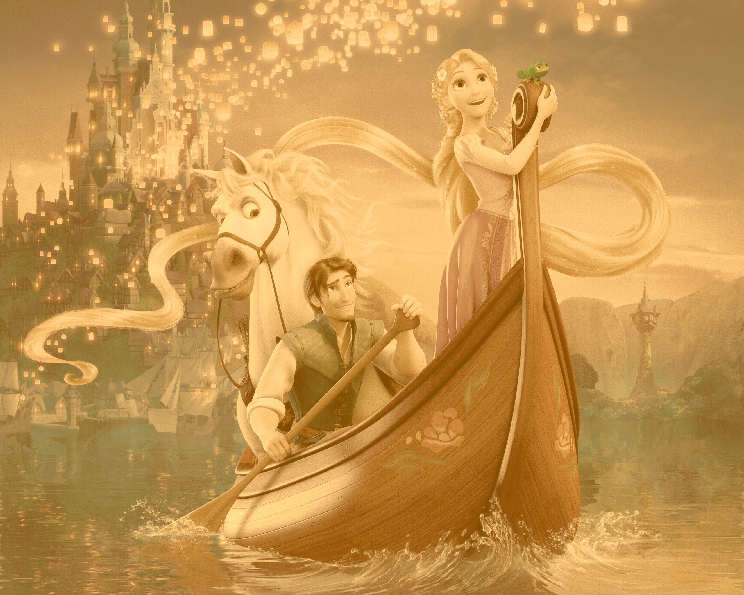 Рапунцель и Флин на лодке обои