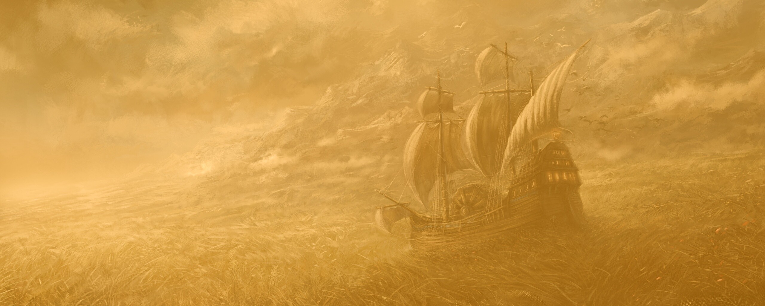 Корабль в море травы обои