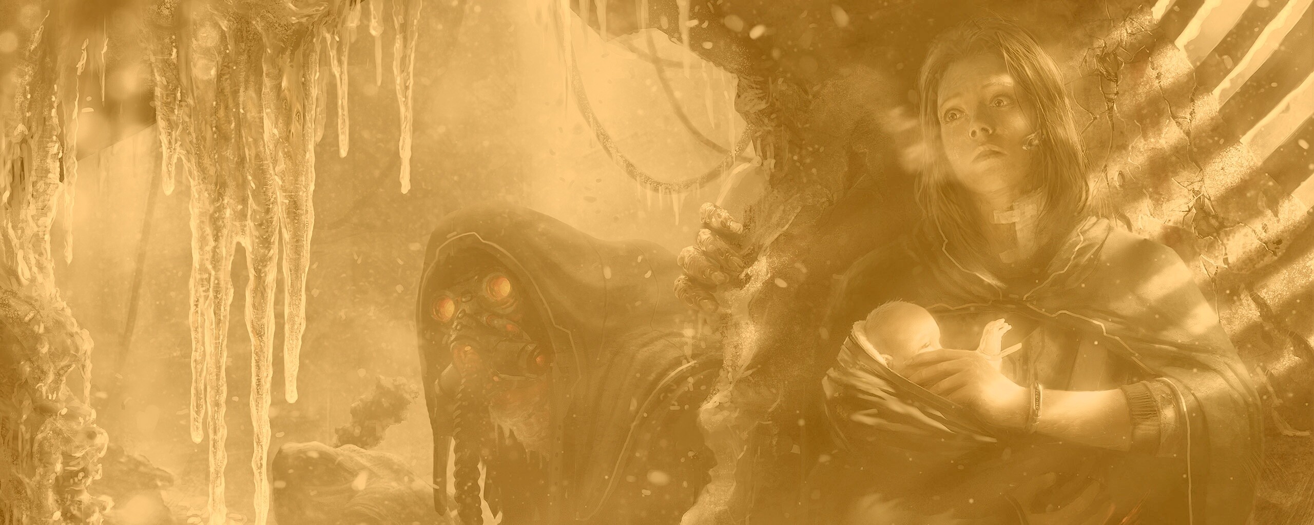 Девушка с ребенком прячется от монстра обои