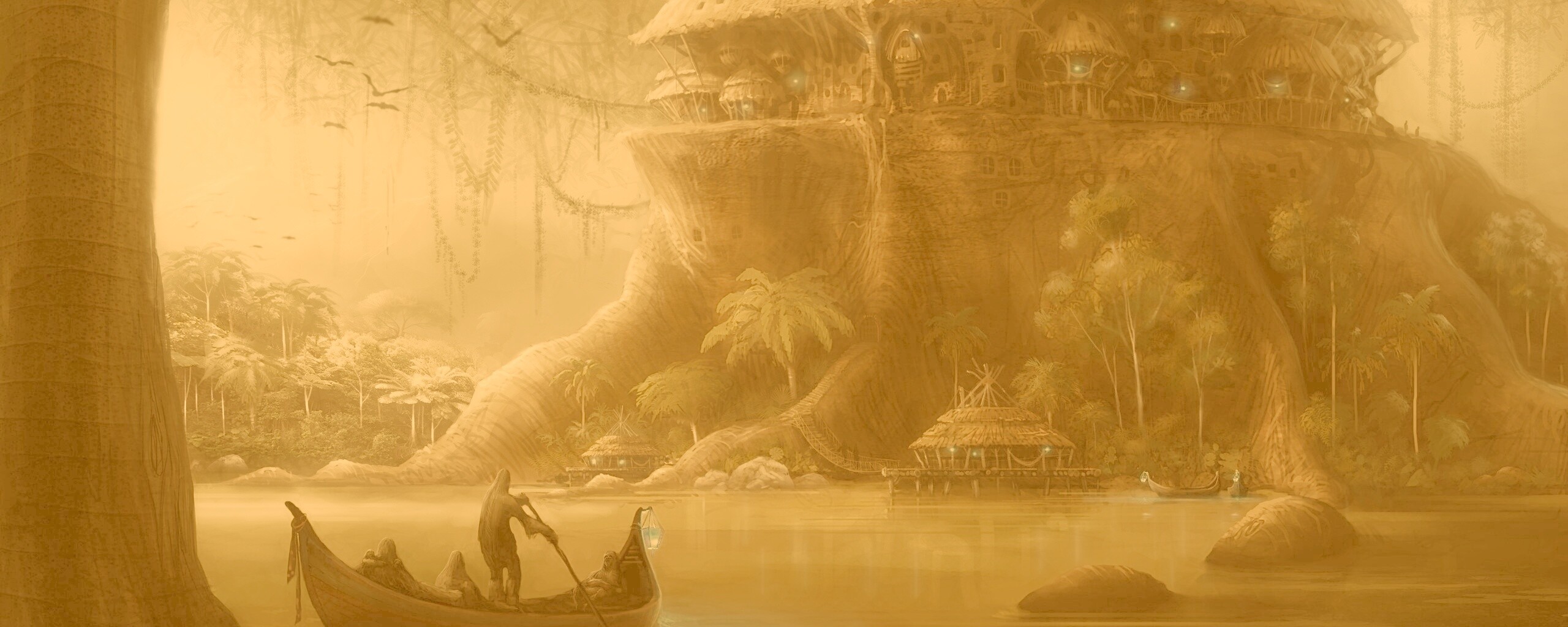 Город в стволе дерева обои