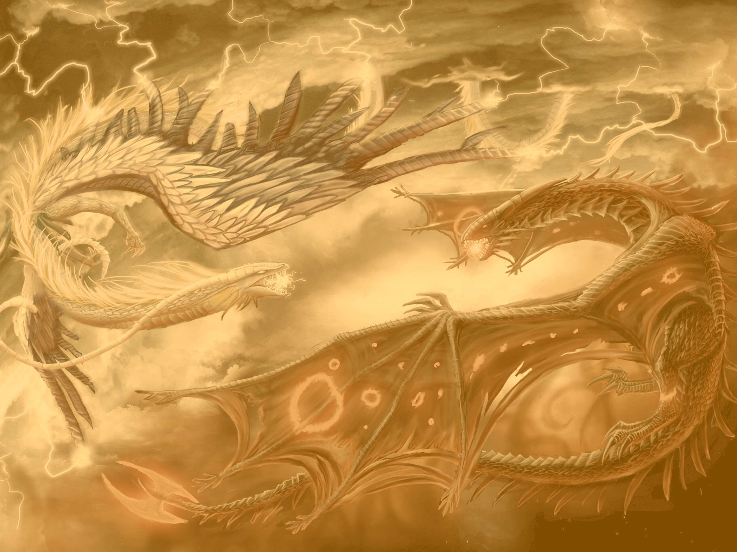 Живописная битва молнии и огня обои