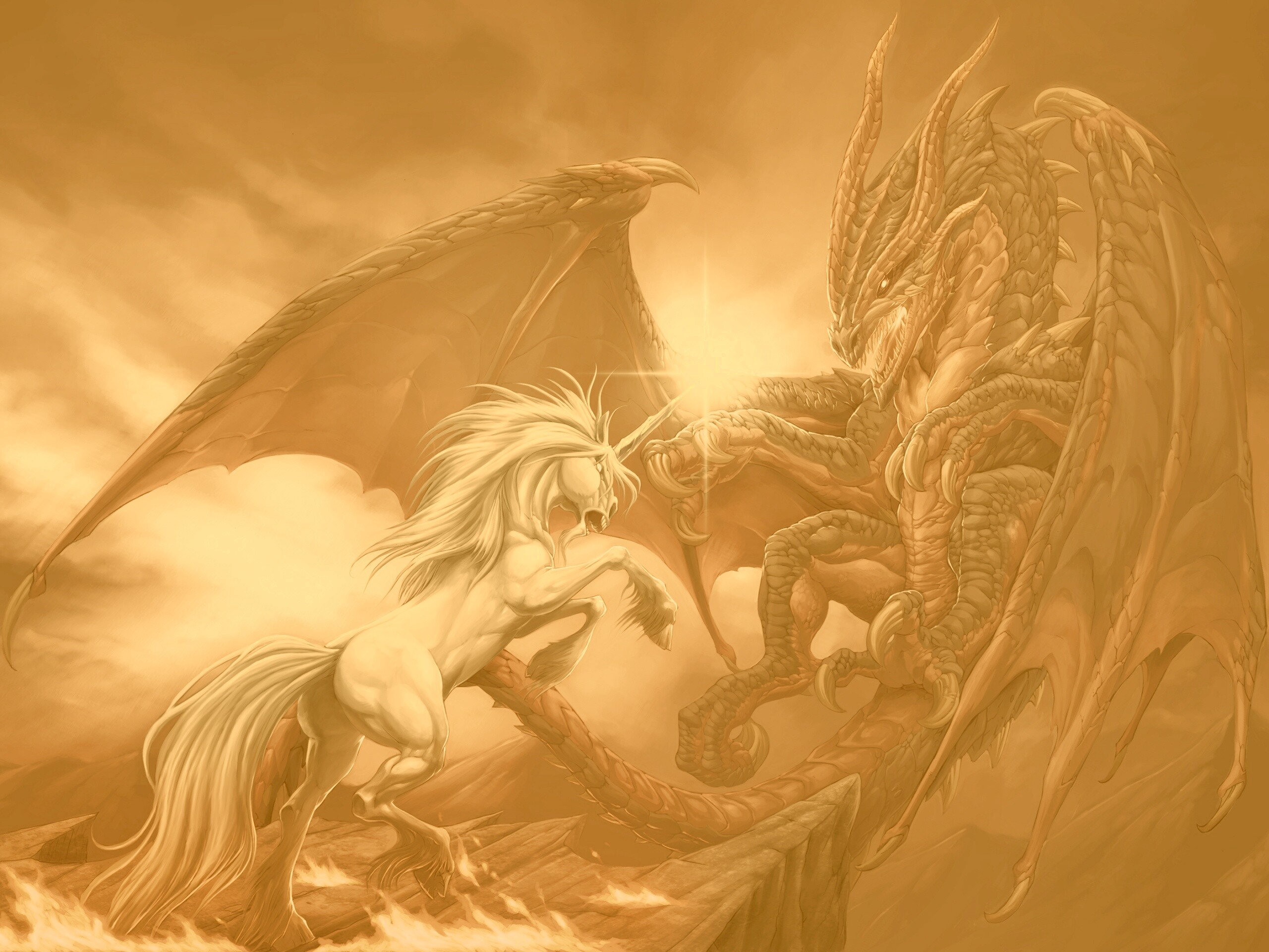 Дракон и единорог обои