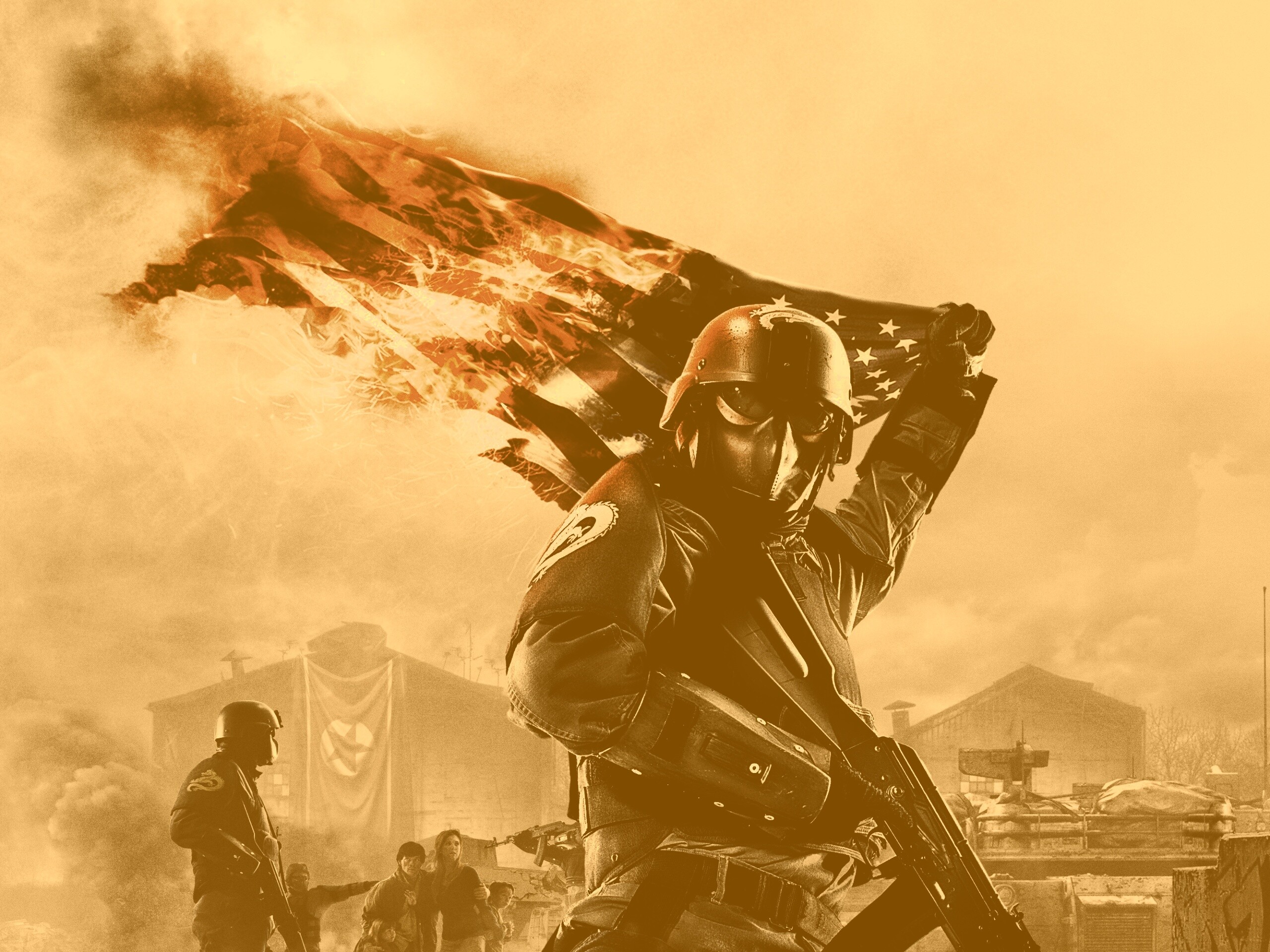 Солдат сжигает американский флаг обои