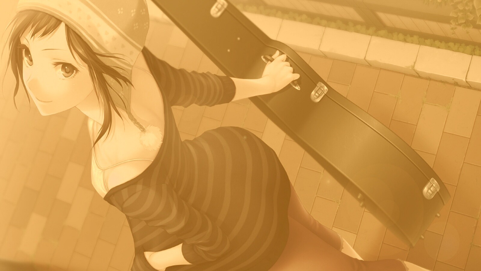 Девушка с гитарным чехлом обои