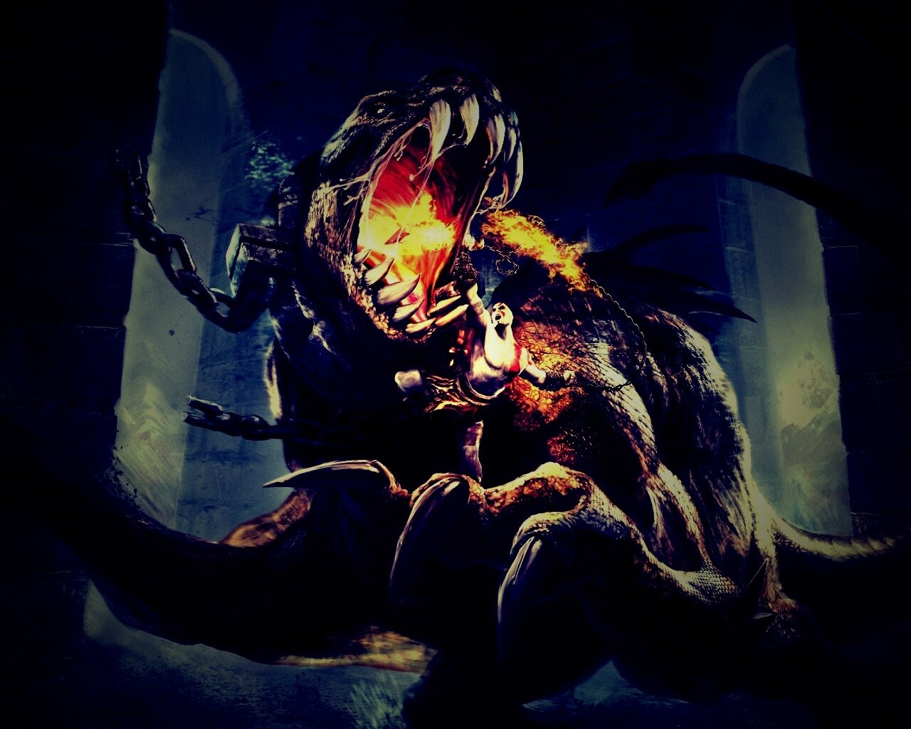 Кратос против динозавра обои