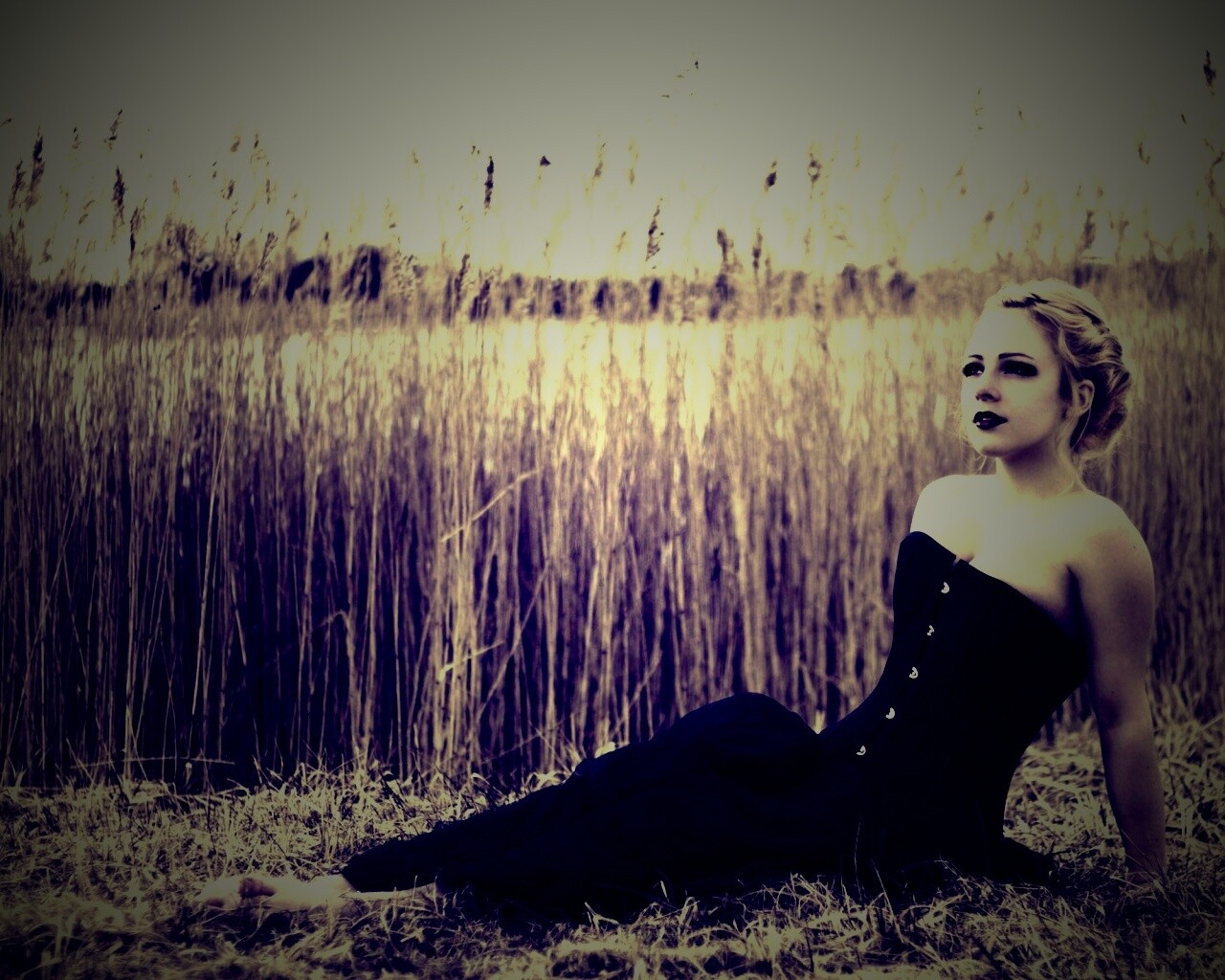 Девушка на траве в черном корсете обои