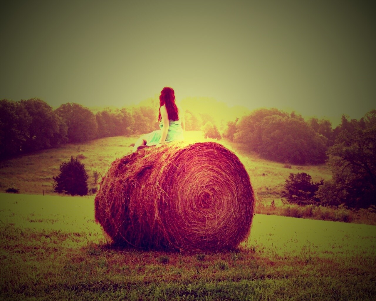 Девушка на снопе сена обои