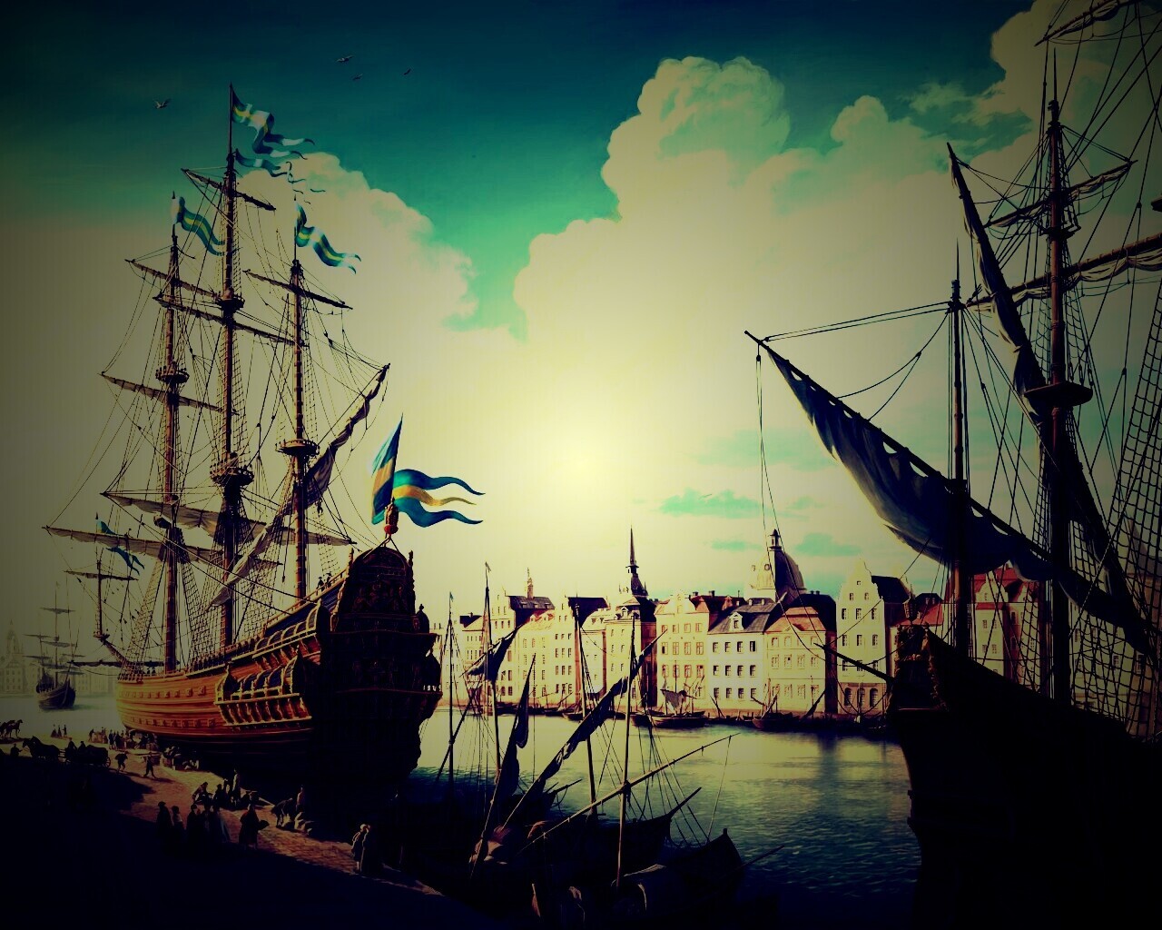 Парусник на набережной обои