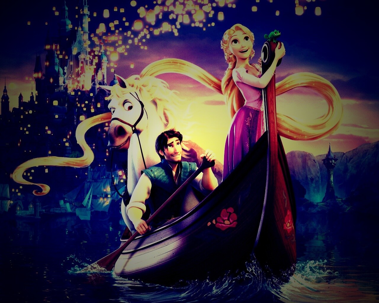 Рапунцель и Флин на лодке обои