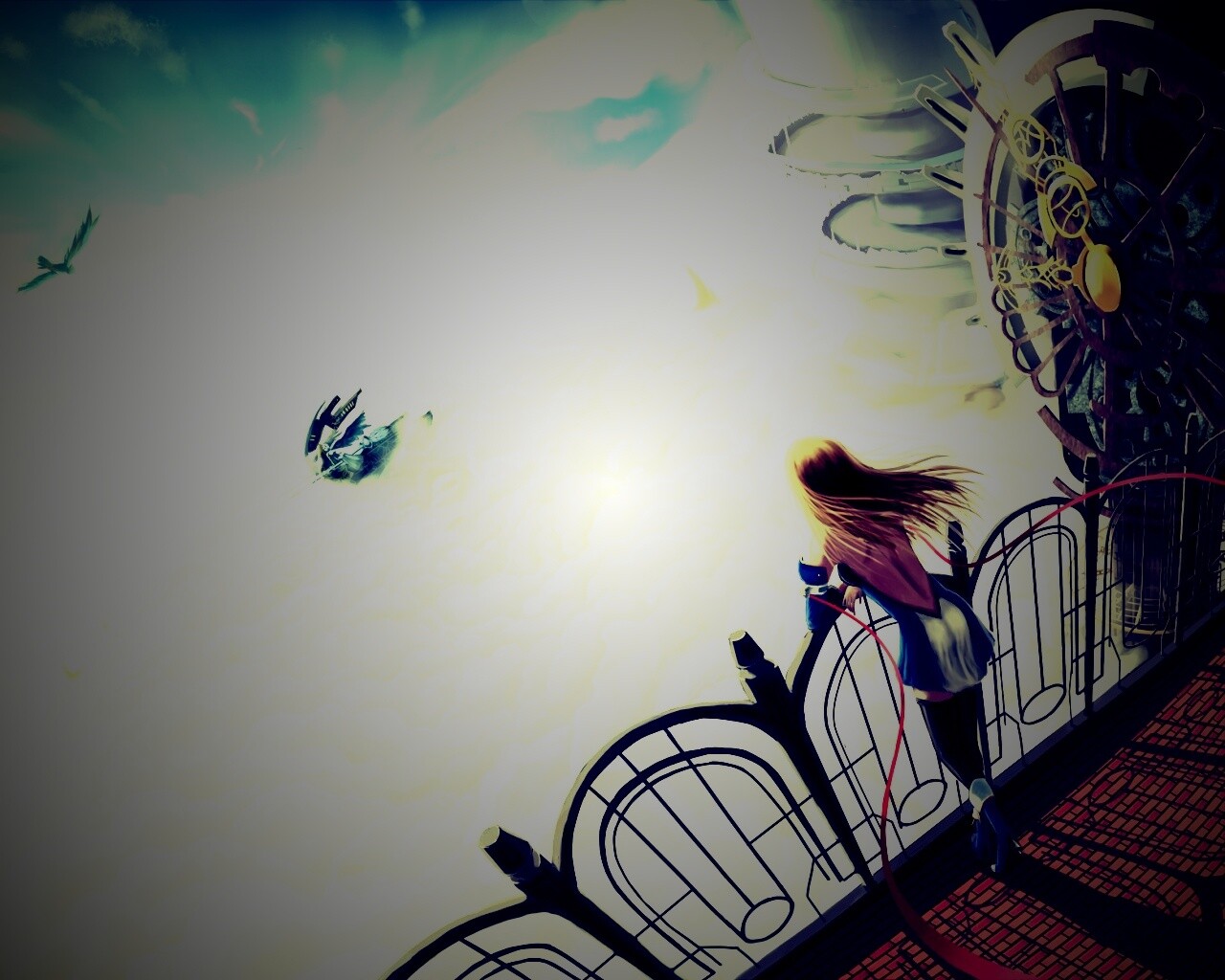 Девушка в городе над облаками обои