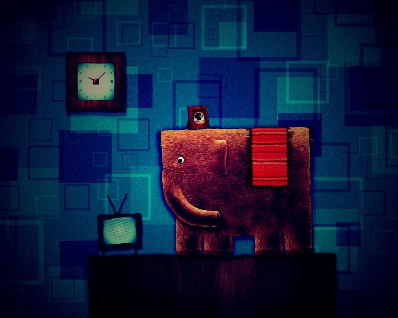 Слон, часы и телевизор обои