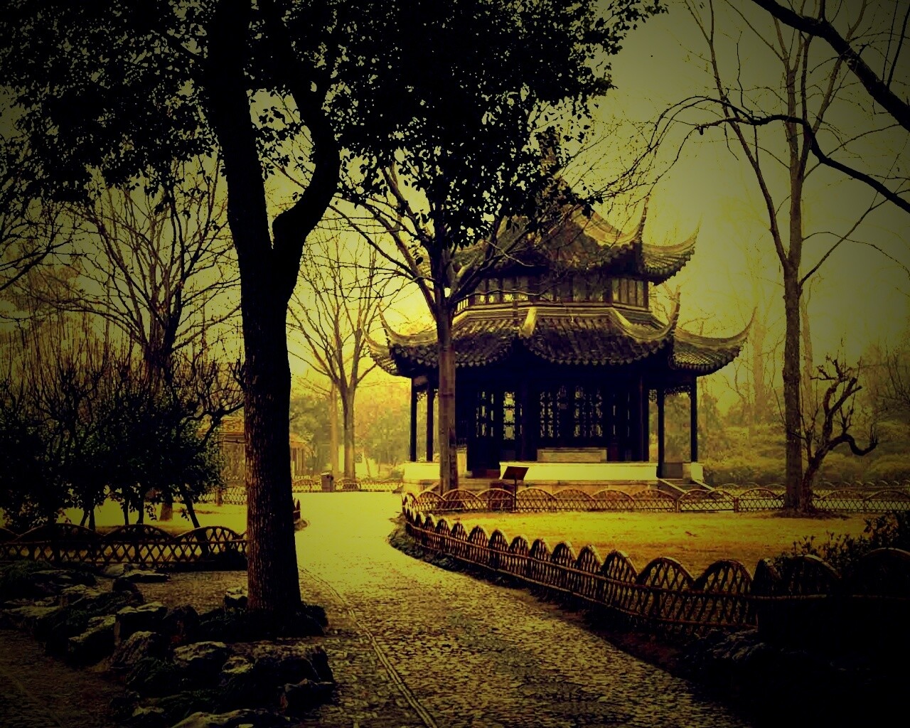 Домик я японском саду обои