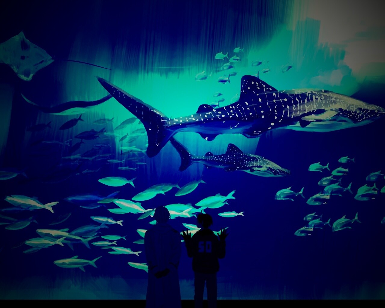 Двое в океанариуме обои