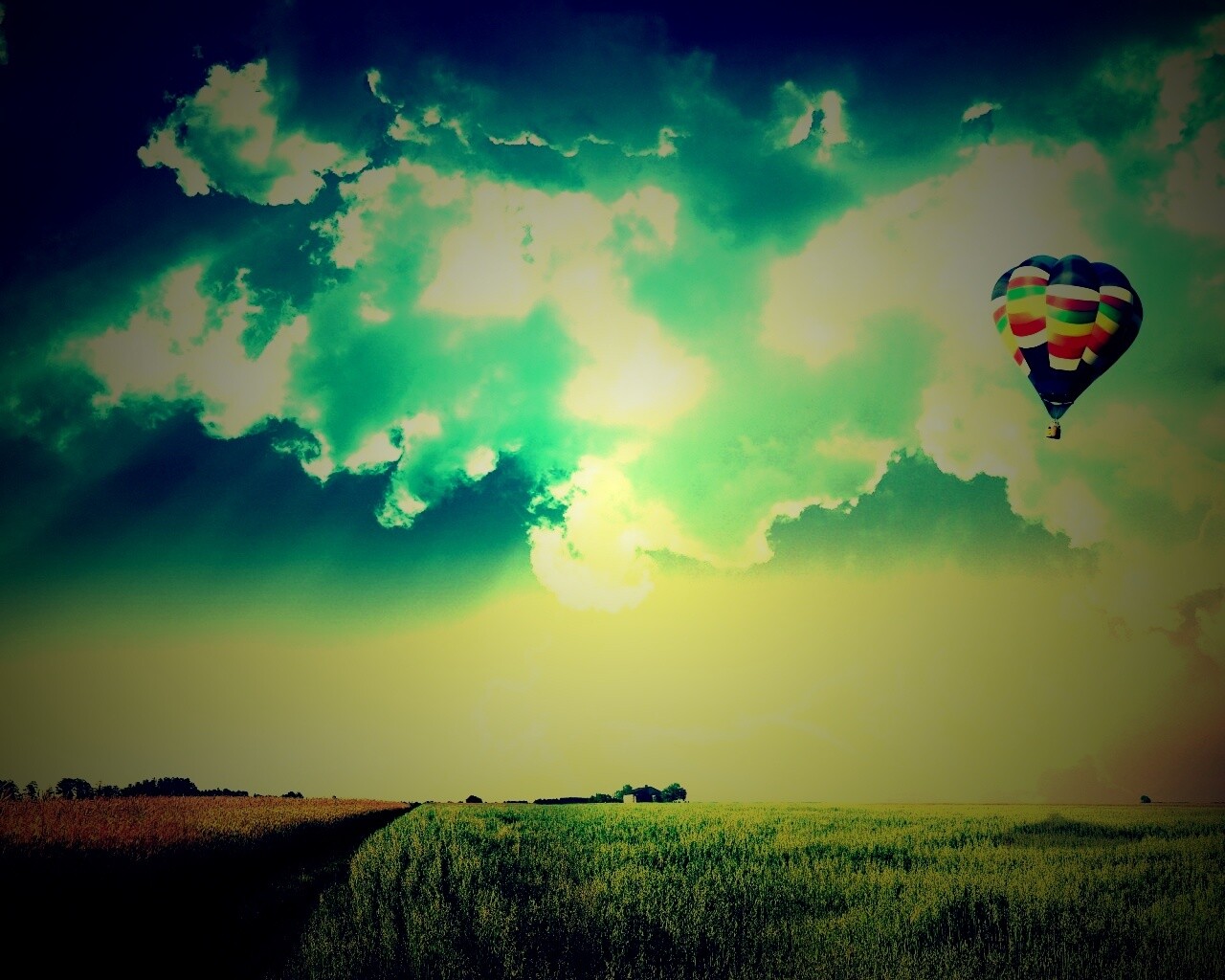 Воздушный шар над зеленым лугом обои