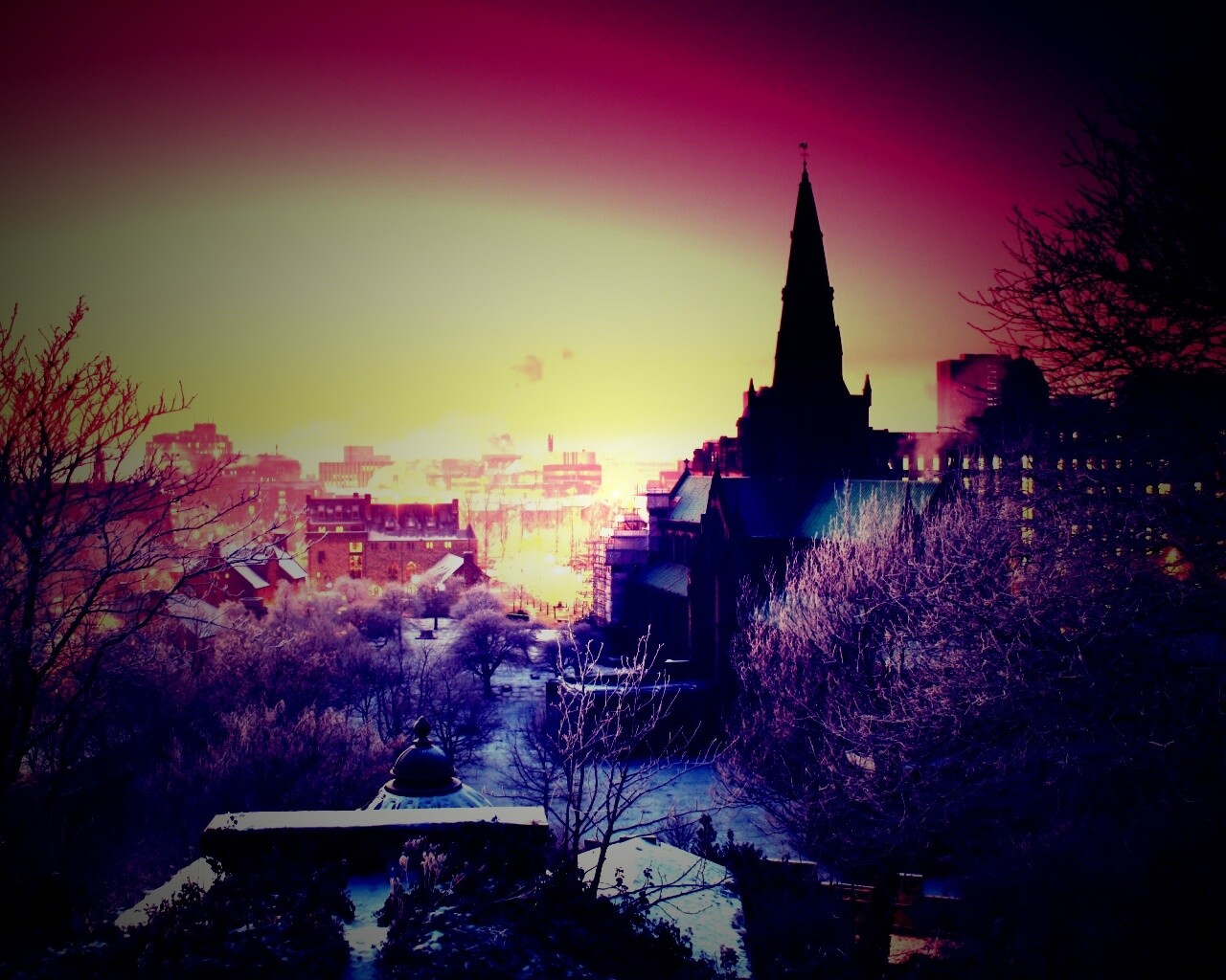 Закатный город зимой обои