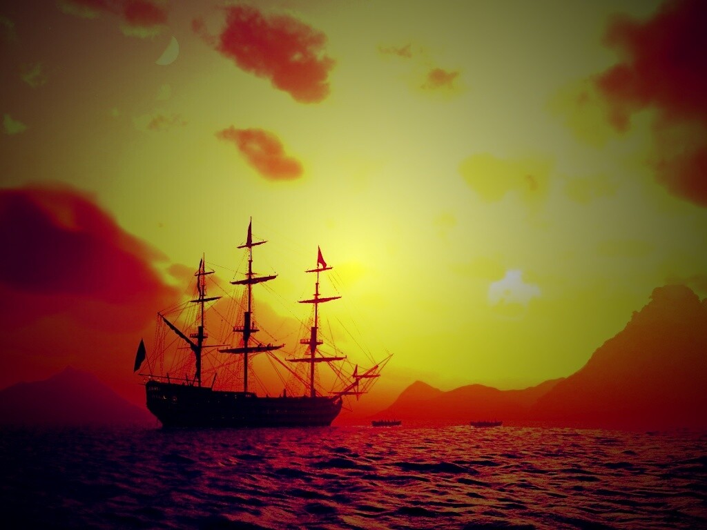 Трехпалубный парусный корабль на закате обои