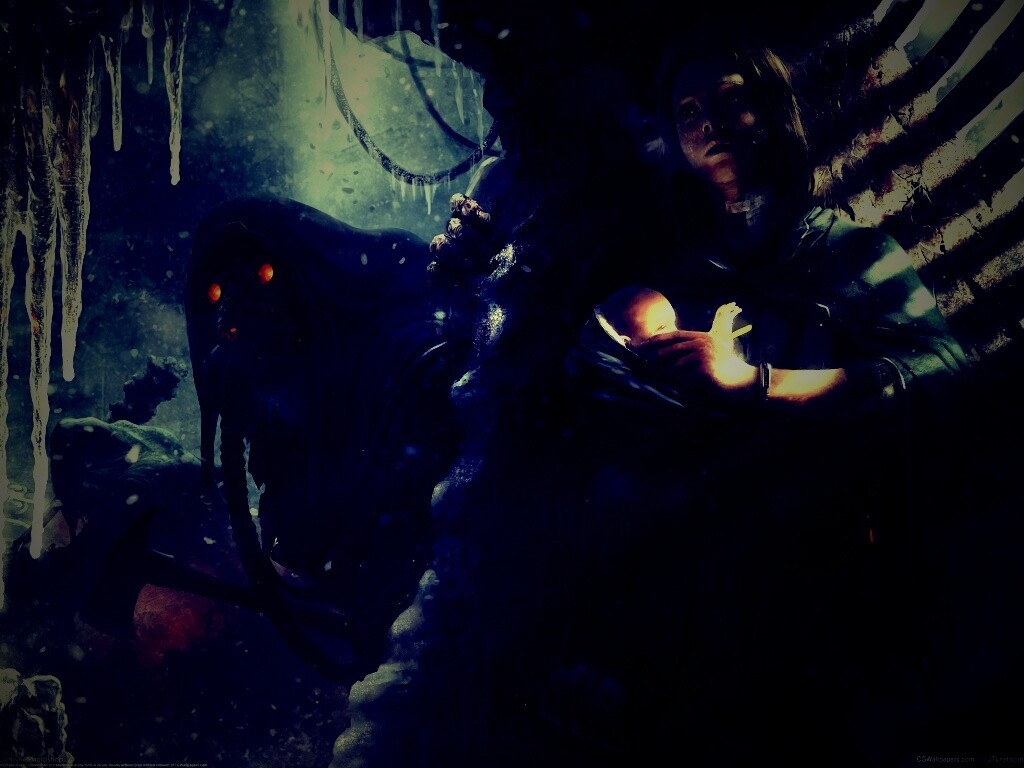 Девушка с ребенком прячется от монстра обои