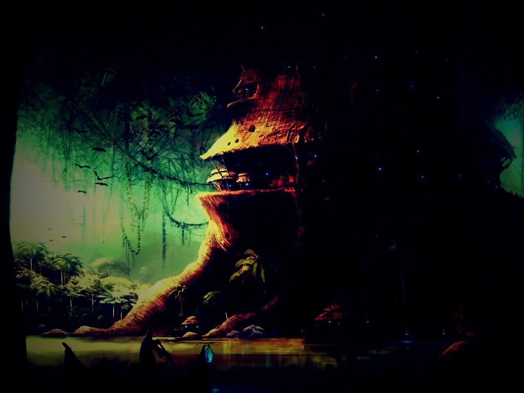 Город в стволе дерева обои