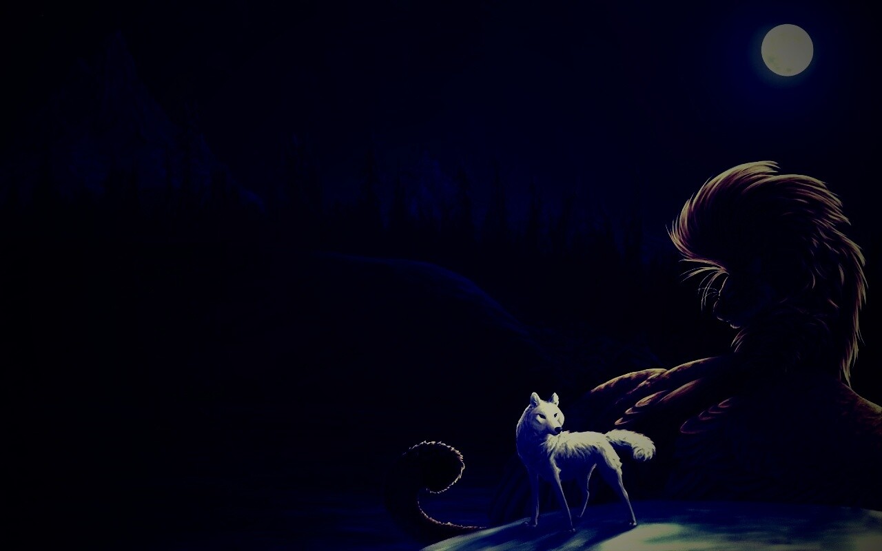 Волк и лев при луне обои